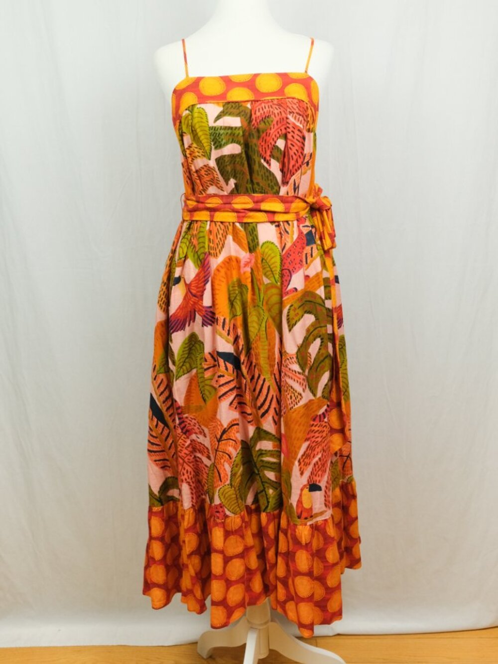FARM Rio Pink Orange Green Leaf-Print Strapless Maxi Dress - Picture 3 of 10